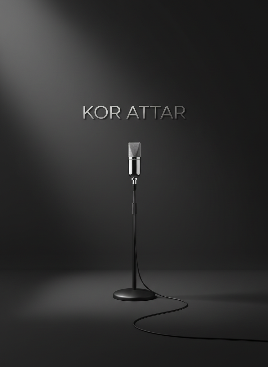 A minimalist, high-end promotional setup for Kor Attar: a dark charcoal backdrop with the choir’s name “Kor Attar” embossed in subtle metallic lettering at center, placed above a single, pristine chrome microphone on a weighted black stand. The microphone cable runs in a smooth curve across a matte black floor, leading toward the viewer. Gentle, directional studio lighting from the upper left creates a clean spotlight on the microphone and logo, while the edges fall into soft shadow. Photographic realism with a centered, symmetrical composition and ample negative space, conveying a refined, professional, and modern identity suitable for use as a hero image on a choral music website.