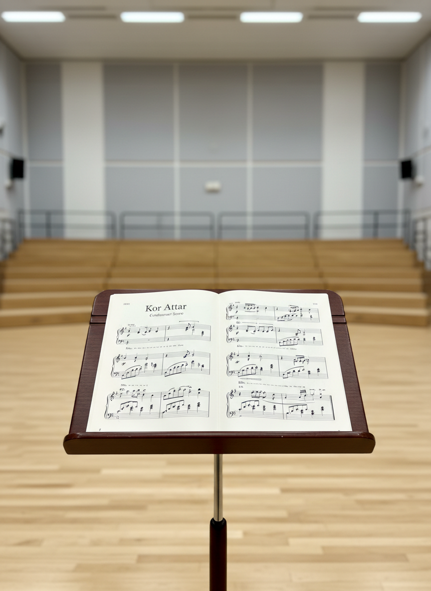 An elegant, dark wood conductor’s music stand centered on a pristine rehearsal room floor, holding a meticulously printed choral score titled “Kor Attar.” The score pages are slightly curved, with precise notation and crisp bar lines clearly visible. Behind the stand, empty tiered risers form clean geometric lines against a light gray acoustic wall with subtle texture. Cool, even overhead fluorescent lighting creates a neutral, professional ambiance with minimal shadows. Shot at eye level with a slightly shallow depth of field so the score is in sharp focus while the risers blur gently. Photographic realism with a clean, modern aesthetic, conveying discipline, precision, and a focused choir rehearsal environment without any human presence.