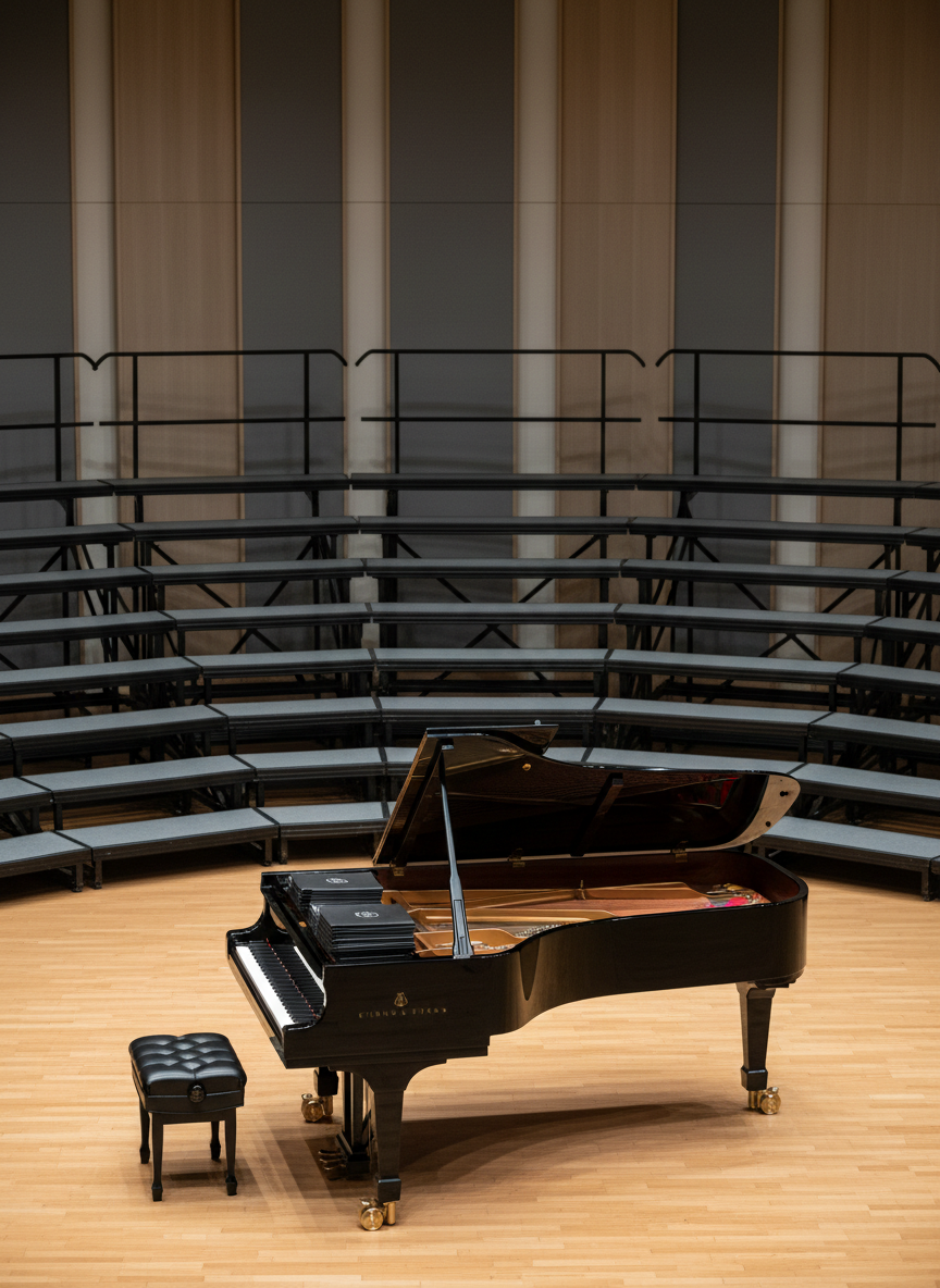 A polished black grand piano opened wide, its glossy surface reflecting rows of empty, perfectly aligned choir risers behind it. Neatly stacked black choral folders rest on the music stand, each embossed with a subtle silver logo reading “Kor Attar.” The scene is set on a clean, modern concert hall stage with warm wooden flooring and minimalist acoustic panels in the background. Soft, diffused stage lighting from above creates gentle highlights on the piano lid and faint shadows between the risers. Photographic realism, eye-level composition with a slight wide-angle lens, sharp focus throughout, evoking a professional, anticipatory atmosphere as if moments before a formal choral performance begins.