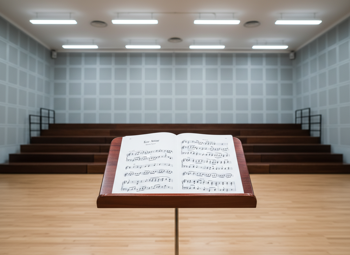An elegant, dark wood conductor’s music stand centered on a pristine rehearsal room floor, holding a meticulously printed choral score titled “Kor Attar.” The score pages are slightly curved, with precise notation and crisp bar lines clearly visible. Behind the stand, empty tiered risers form clean geometric lines against a light gray acoustic wall with subtle texture. Cool, even overhead fluorescent lighting creates a neutral, professional ambiance with minimal shadows. Shot at eye level with a slightly shallow depth of field so the score is in sharp focus while the risers blur gently. Photographic realism with a clean, modern aesthetic, conveying discipline, precision, and a focused choir rehearsal environment without any human presence.