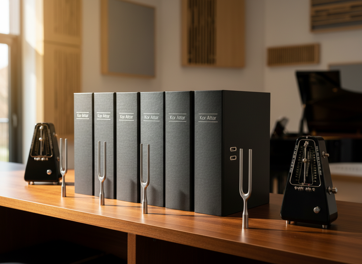 A close-up of a row of matching matte-black choral folders neatly arranged on a polished wooden shelf, each spine labeled “Kor Attar” in refined silver lettering. Between the folders, slim tuning forks and finely crafted black metronomes add visual rhythm and musical context. The background reveals a softly blurred view of a modern choir rehearsal room, with hints of acoustic panels and a faintly visible grand piano silhouette. Warm, directional afternoon light from a nearby window grazes the folder edges, creating narrow highlights and soft shadows. Photographic realism, shot from a slightly angled side perspective with shallow depth of field, producing a professional, organized, and quietly sophisticated atmosphere.