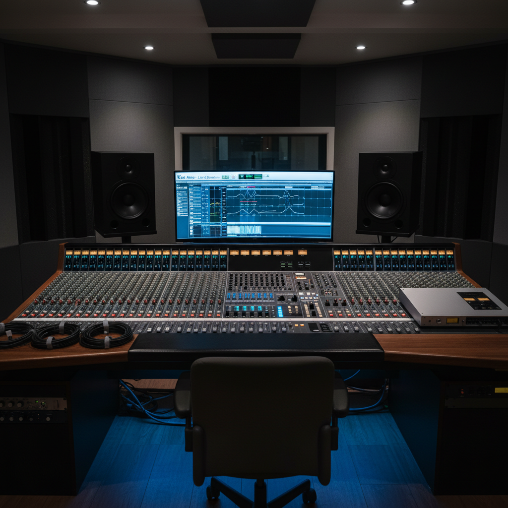 A meticulously organized recording studio control room tailored for choral music, featuring a large mixing console with glowing LED meters and neatly labeled faders for each vocal section: soprano, alto, tenor, bass. Two high-end studio monitors flank a widescreen display showing a detailed waveform labeled “Kor Attar – Live Choir Session.” The console sits on a dark wood desk, with coiled, orderly cables and a sleek audio interface beside it. Dim, controlled studio lighting and subtle blue LED accent strips under the desk create a focused, high-end ambiance. Photographic realism, shot from a slightly elevated angle with sharp focus, emphasizing technical precision and the professional production quality behind the choir’s sound.